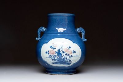 A Chinese blue, white and copper-red powder-blue-ground 'hu' vase, Qianlong