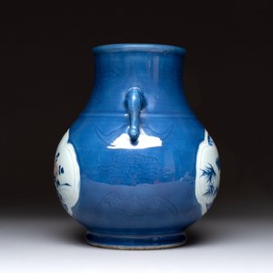 A Chinese blue, white and copper-red powder-blue-ground 'hu' vase, Qianlong — photo 2