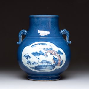 A Chinese blue, white and copper-red powder-blue-ground 'hu' vase, Qianlong — photo 3