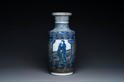 A Chinese blue, white and copper-red 'Sanxing' rouleau vase, Kangxi