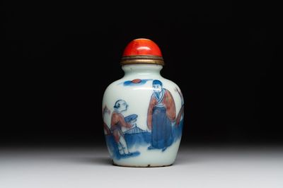 A Chinese blue, white and copper-red snuff bottle, 19th C.