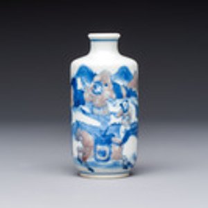 A Chinese blue, white and copper-red snuff bottle with narrative design, 19th C. — photo 1