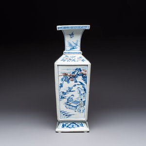 A Chinese blue, white and copper-red square-sectioned vase with figural design, Kangxi — photo 3