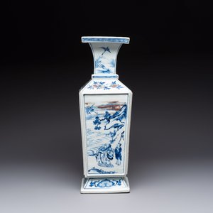 A Chinese blue, white and copper-red square-sectioned vase with figural design, Kangxi — photo 4