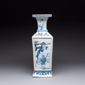 A Chinese blue, white and copper-red square-sectioned vase with figural design, Kangxi — photo 6