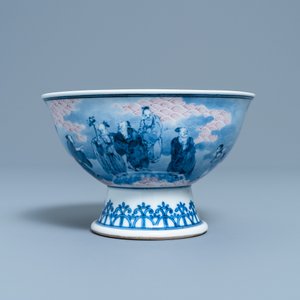 A Chinese blue, white and copper red stem bowl with immortals, Republic — photo 3