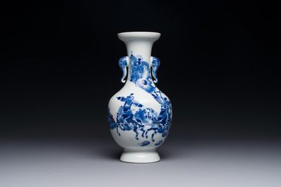 A Chinese blue, white and copper-red vase with warriors on horseback, Qianlong mark, 19th C.