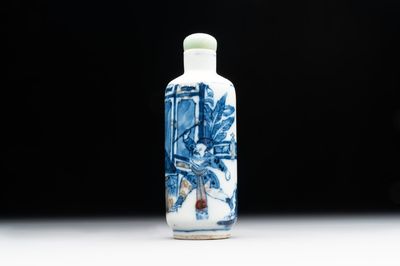A Chinese blue, white and copper-red 'warriors' snuff bottle, Kangxi mark, 19th C.