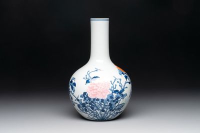 A Chinese blue, white and famille rose 'Peonies' vase, Qianlong mark, 20th C.