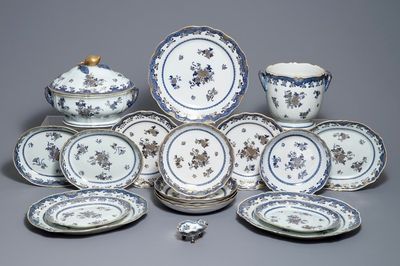 A Chinese blue, white and gilt part service, Qianlong