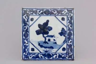 A Chinese blue, white and gilt porcelain landscape tile, 19th C.