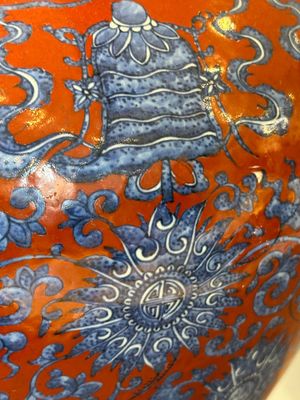 A Chinese blue, white and iron-red 'bajixiang' 'hu' vase on wooden stand, Qianlong mark, 19th C. — photo 9