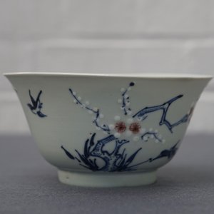 A Chinese blue, white and red on celadon ground 'prunus' bowl, Kangxi — photo 14