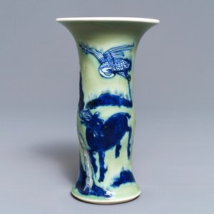 A Chinese blue, white and underglaze red celadon-ground gu vase, Kangxi — photo 1
