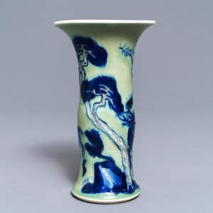 A Chinese blue, white and underglaze red celadon-ground gu vase, Kangxi — photo 2