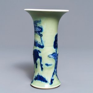 A Chinese blue, white and underglaze red celadon-ground gu vase, Kangxi — photo 4