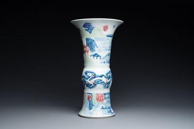 A Chinese blue, white, celadon and copper-red 'yenyen' vase, Kangxi mark, Qing