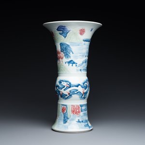 A Chinese blue, white, celadon and copper-red 'yenyen' vase, Kangxi mark, Qing — photo 1