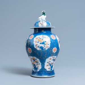 A Chinese blue, white, iron red and gilt powder blue-ground vase and cover, Kangxi — photo 3