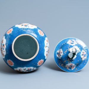 A Chinese blue, white, iron red and gilt powder blue-ground vase and cover, Kangxi — photo 5