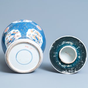 A Chinese blue, white, iron red and gilt powder blue-ground vase and cover, Kangxi — photo 6