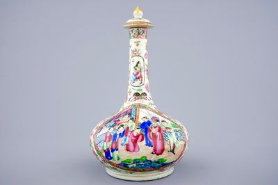 A Chinese bottle-shaped Canton famille rose vase and cover, 19th C.