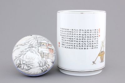 A Chinese box and cover with a winter landscape and a brush pot, 20th C.