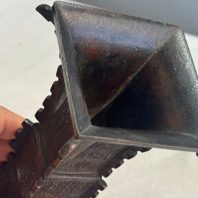 A Chinese bronze archaistic fang zun on a later wooden stand — photo 6