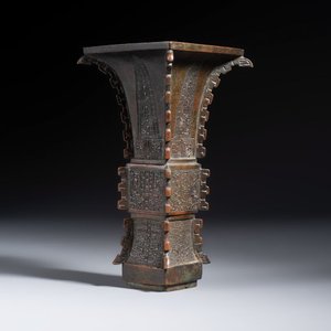 A Chinese bronze archaistic fang zun on a later wooden stand — photo 21