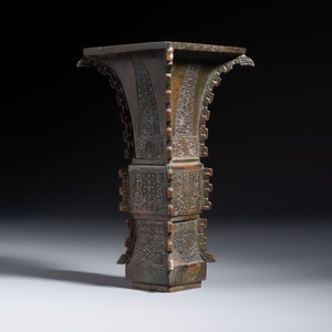 A Chinese bronze archaistic fang zun on a later wooden stand — photo 23