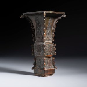 A Chinese bronze archaistic fang zun on a later wooden stand — photo 26