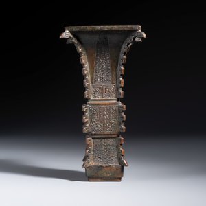 A Chinese bronze archaistic fang zun on a later wooden stand — photo 8