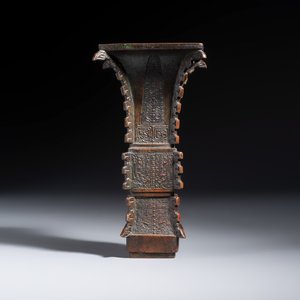 A Chinese bronze archaistic fang zun on a later wooden stand — photo 10