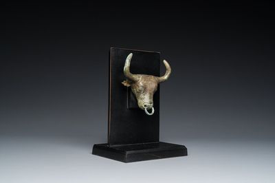 A Chinese bronze buffalo head ornament, Warring States Period