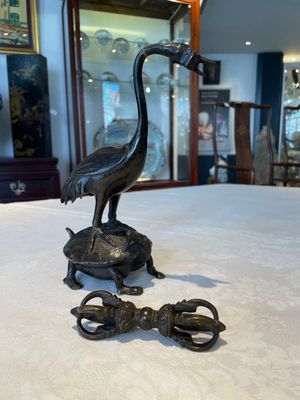 A Chinese bronze candle or incense holder in the shape of a crane standing on a turtle and a Tibetan vajra, Ming/Qing — photo 1