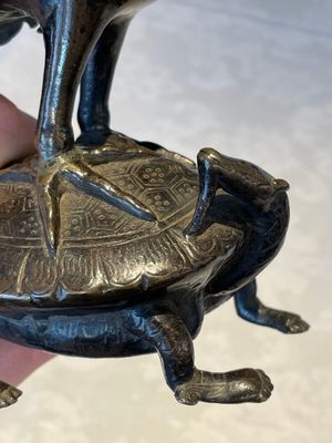 A Chinese bronze candle or incense holder in the shape of a crane standing on a turtle and a Tibetan vajra, Ming/Qing — photo 12