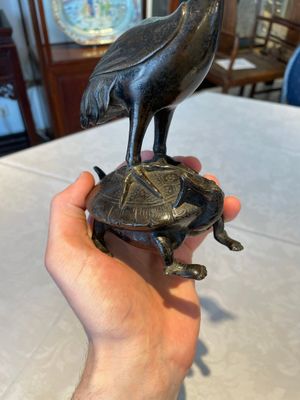 A Chinese bronze candle or incense holder in the shape of a crane standing on a turtle and a Tibetan vajra, Ming/Qing — photo 2