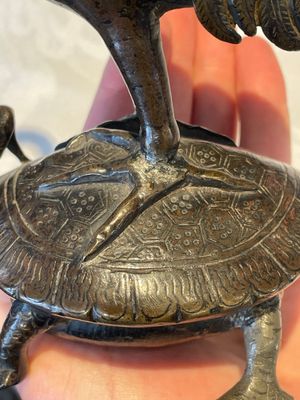 A Chinese bronze candle or incense holder in the shape of a crane standing on a turtle and a Tibetan vajra, Ming/Qing — photo 8