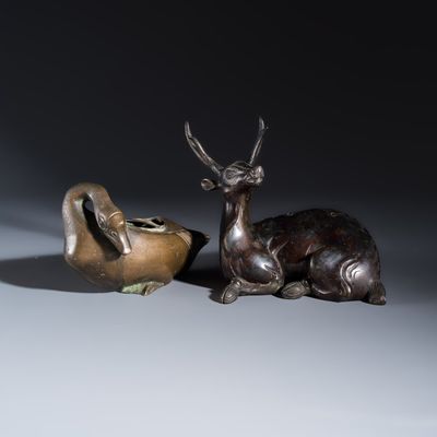 A Chinese bronze 'Goose' incense burner and a 'Stag' incense burner, 19th C.