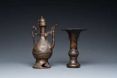 A Chinese bronze 'gu' vase and a bronze covered ewer for the Islamic market, Ming