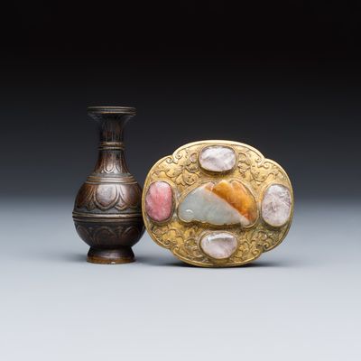 A Chinese bronze miniature vase and a stone-inset gilt-bronze belt buckle, Qing