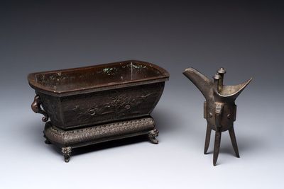 A Chinese bronze ritual wine vessel and a Japanese jardinière, 17/19th C.