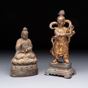 A Chinese bronze Taoist figure and a gilt-lacquered guardian, Ming — photo 1
