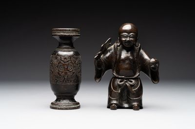 A Chinese bronze vase and a Taoist figure-shaped incense burner, Ming