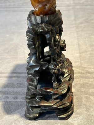 A Chinese buffalo horn carving of a landscape with a pagoda on wooden stand, Qing — photo 12