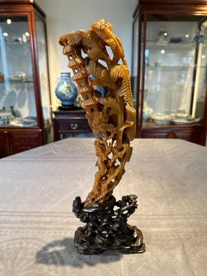 A Chinese buffalo horn carving of a landscape with a pagoda on wooden stand, Qing — photo 13