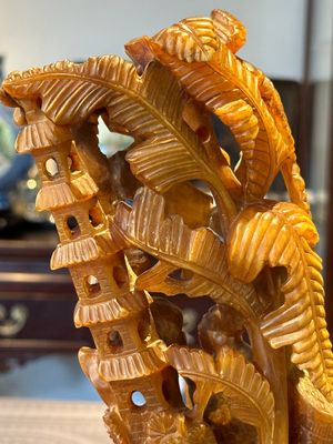 A Chinese buffalo horn carving of a landscape with a pagoda on wooden stand, Qing — photo 14