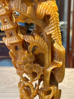 A Chinese buffalo horn carving of a landscape with a pagoda on wooden stand, Qing — photo 15