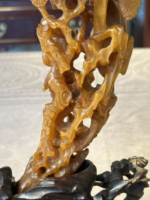 A Chinese buffalo horn carving of a landscape with a pagoda on wooden stand, Qing — photo 16
