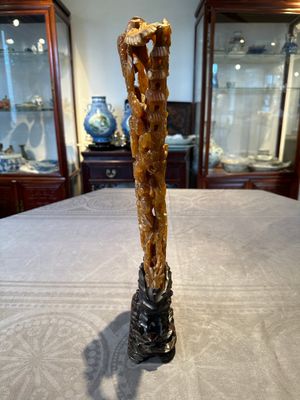 A Chinese buffalo horn carving of a landscape with a pagoda on wooden stand, Qing — photo 18